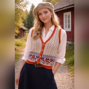 Vintage designer-quality Fair Isle wool vest in Orange/Taupe/Bluish-Purple